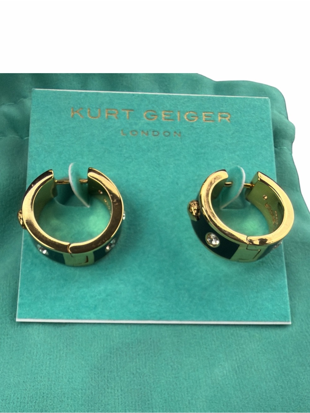 NWT Kurt Geiger London Black Enamel & Crystal Huggie Earrings